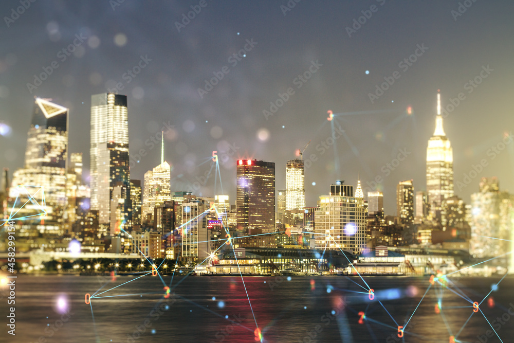 Abstract virtual wireless technology hologram on New York cityscape background, artificial intelligence and machine learning concept. Multi exposure