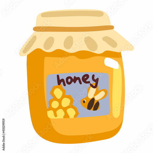 Jar with honey, remedy food. Colored cartoon doodle. Hand drawn vector illustration. Single drawing isolated on white background. Element for design, print, sticker, card, decoration, wrap.