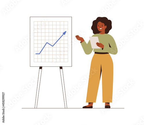businesswoman shows on the board growing up a graph. Happy Female manager presents company financial report and strategy. Concept of successful task completion. Vector illustration