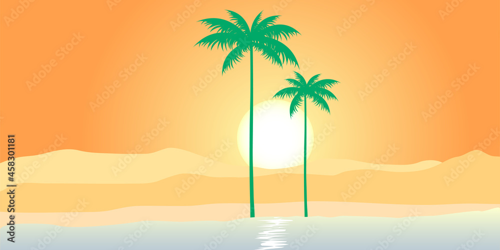 Landscape of desert with palm trees. An oasis in the desert. Vector illustration.