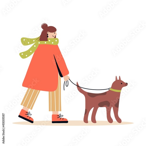 Female character is walking the dog. Young woman in a scarf and coat on a walk with the dog. Outdoor activity concept. Cute illustration. Vector on white isolated background.