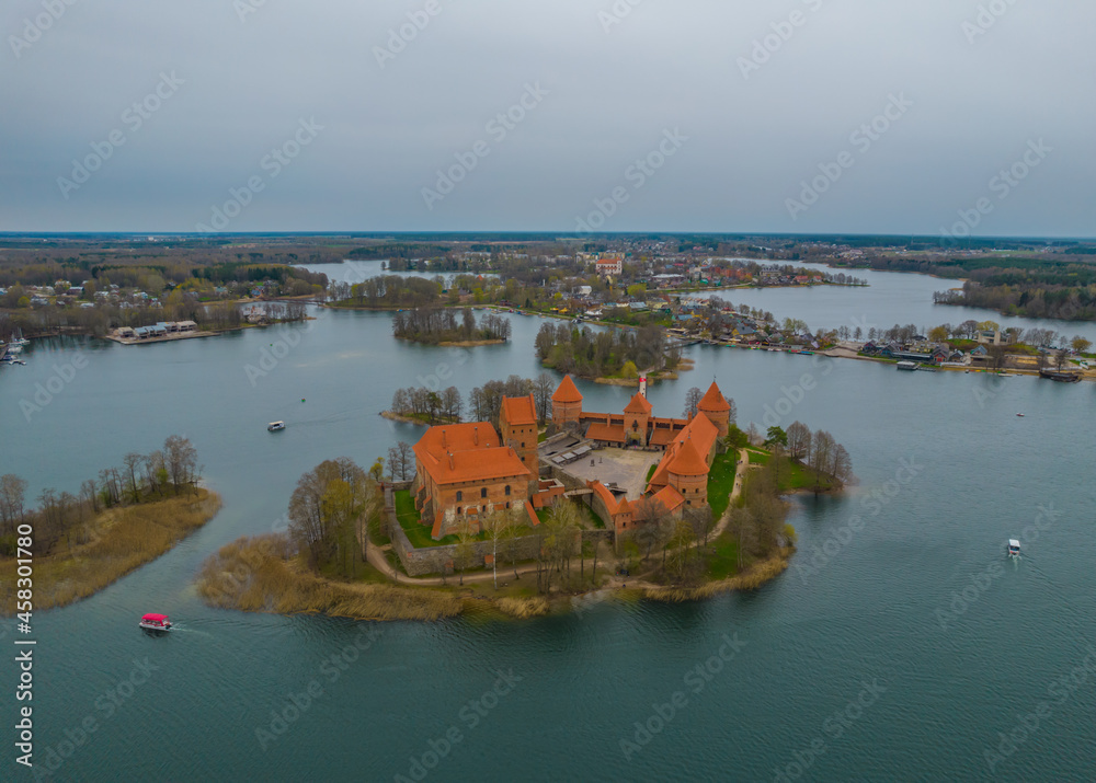 Aerial view of Trakai Island Castle - an island castle located in Trakai, Lithuania, on an island in Lake Galve. The construction begun in the 14th century and around 1409 major works were completed