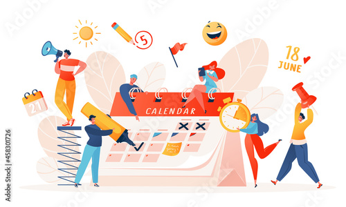 Time management, organization of work and notification of life events, reminder memo, monthly or yearly work plan. Vector cartoon characters help and plan dates on the huge calendar together.