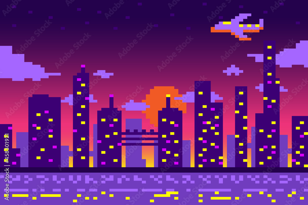 Cityscape pixel at night with river and airplane on purple sky background.