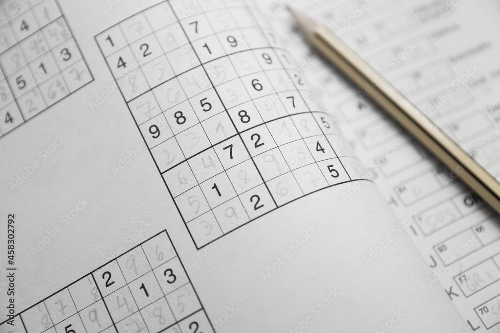 Close-up of a sheet where various sudoku-type hobbies are printed Close-up of a sheet where various sudoku-type hobbies are printed