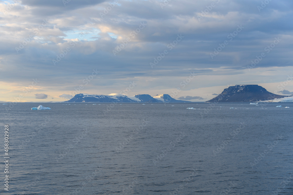 Arctic landscape in summer time. Franz Jozef Land archipelago. Flora cape, Gukera island.