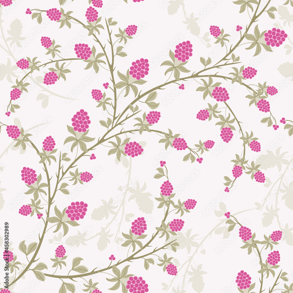 Trendy floral background. Seamless stylish pattern with elements of blackberry or raspberry in green and pink colors. Repeating design for wallpaper, packaging, textile, print, cover Trendy floral background. Seamless stylish pattern with elements of blackberry or raspberry in green and pink colors. Repeating design for wallpaper, packaging, textile, print, cover