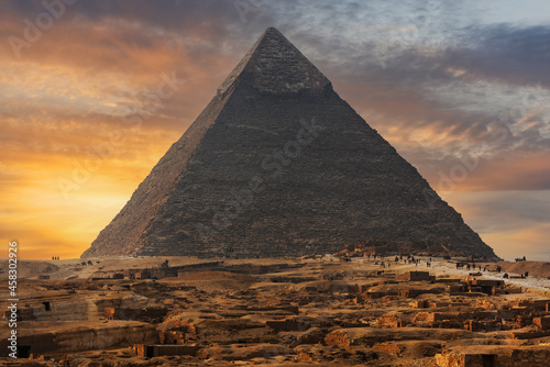 Pyramid of Khafre on the Egyptian plateau of Giza against the backdrop of a picturesque sky