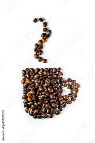 Cup of coffee made of coffee beans on white background