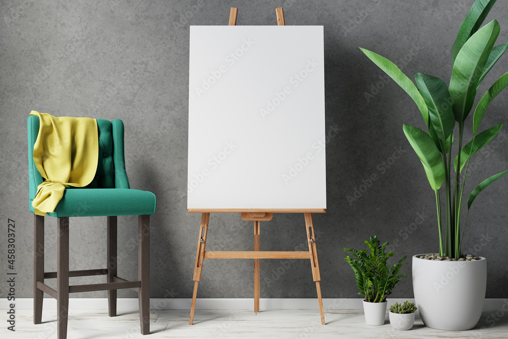 Blank canvas on wooden easel with plant - obrazy, fototapety, plakaty 