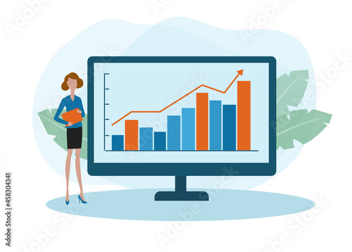 Business female near board with chart and diagram during presentation vector flat illustration. Woman lecturer giving lecture. Girl presenting and explaining marketing data