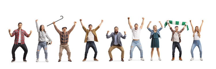Casual people football supporters cheering and gesturing happiness