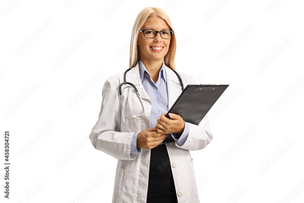 Young female doctor holding a clipboard and smiling Young female doctor holding a clipboard and smiling
