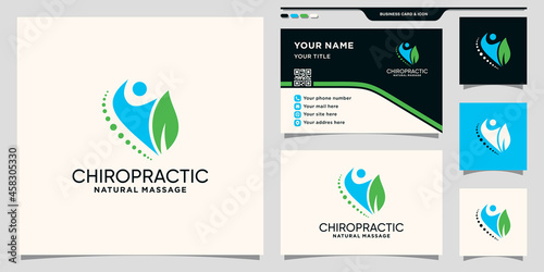 Chiropractic logo template with natural leaf and business card design Premium Vector