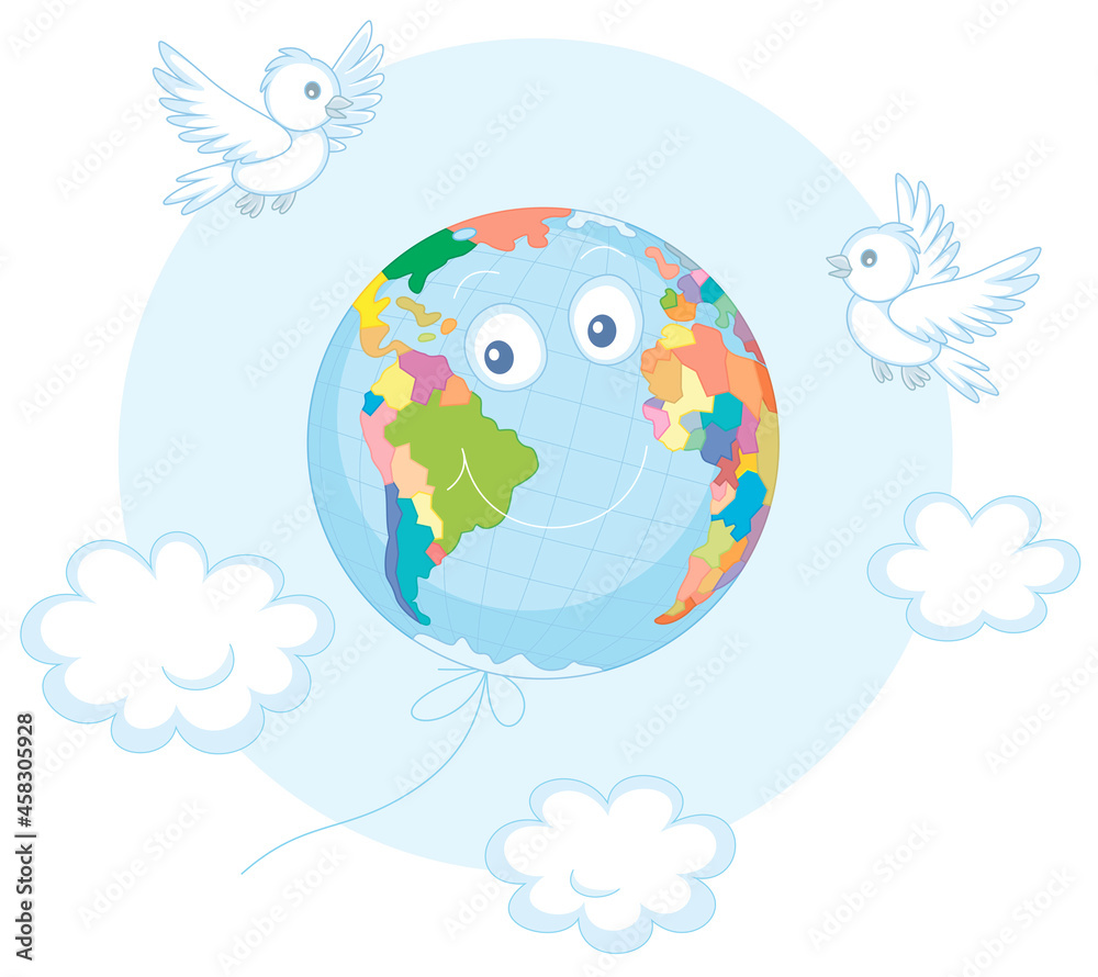 Day of Peace, a funny globe friendly smiling and flying among white clouds like a balloon with merry small birds, vector cartoon illustration isolated on a white background