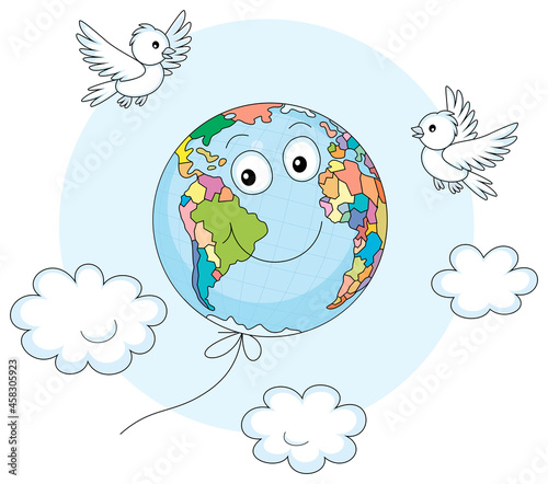 Day of Peace  a funny globe friendly smiling and flying among white clouds like a balloon with merry small birds  vector cartoon illustration isolated on a white background