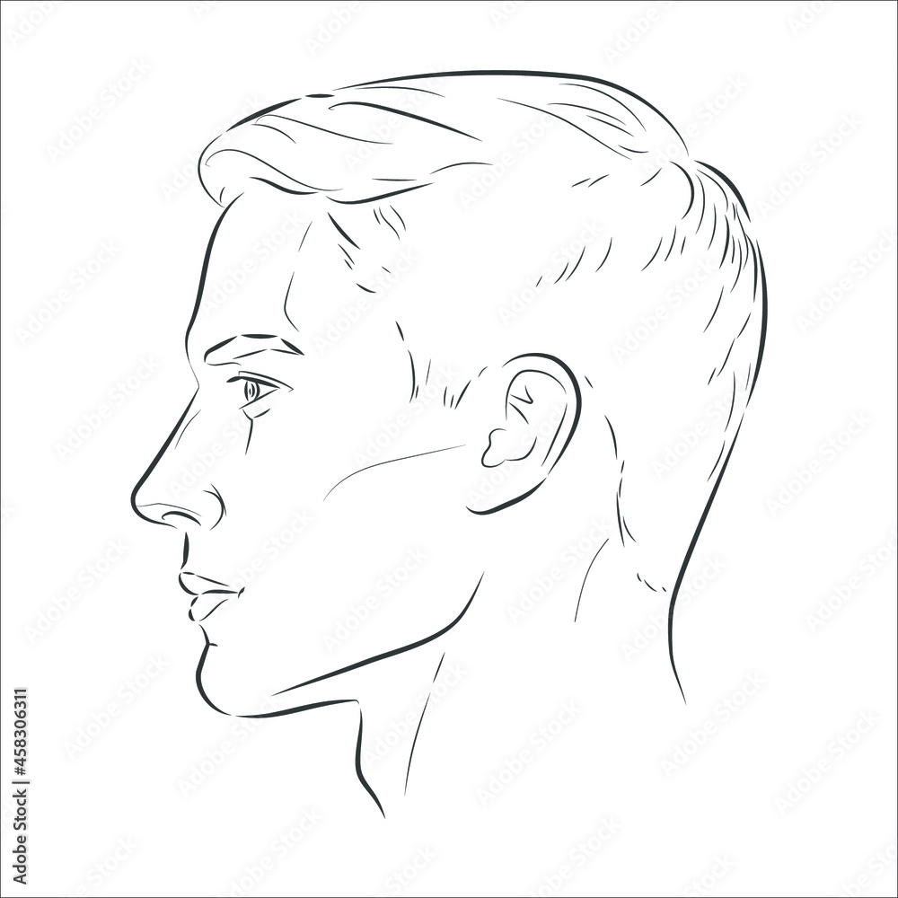 Fototapeta Side profile man face. Male portrait of young beautiful boy with trendy hairdo. Two angles view of guy. Vector sketch line illustration.