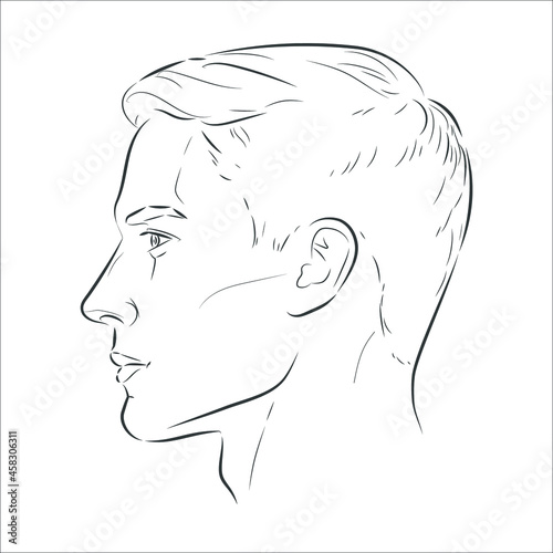 Side profile man face. Male portrait of young beautiful boy with trendy hairdo. Two angles view of guy. Vector sketch line illustration.