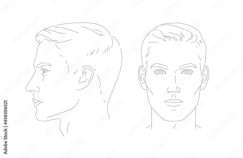 vector Set of man face portrait three different angles and turns of a male head. Close-up line sketch. Different view front, profile, three-quarter of a boy. - obrazy, fototapety, plakaty 