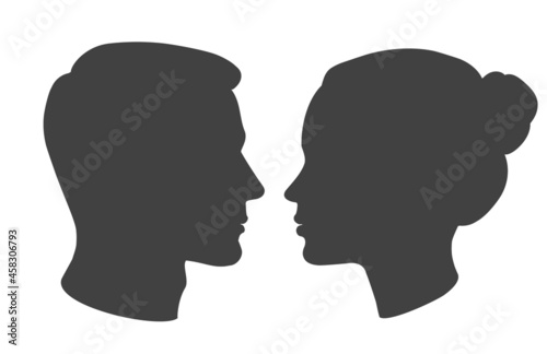Silhouette of man and woman heads face to face in profile. Portrait of young beautiful girl, boy looking side. Vector illustration on white.