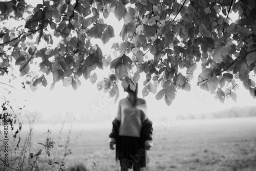 Girl black and white portrait in nature.