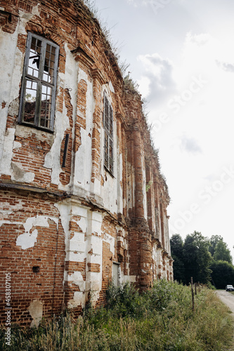 Old destroyed church. Ruins of the Church of St. Onuphrius. Windows in the walls of the old church. Belarus