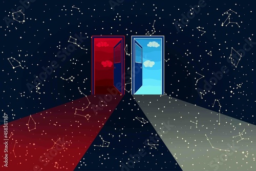 Open Doors to Heaven and to Hell Isolated on Starry Night Sky Background. Roads that We Choose. Abstract Panoramic Sky Map of Hemisphere. Raster. 3D Illustration