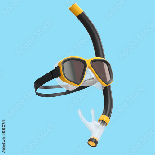 Orange diving mask and snorkel isolated on a blue background