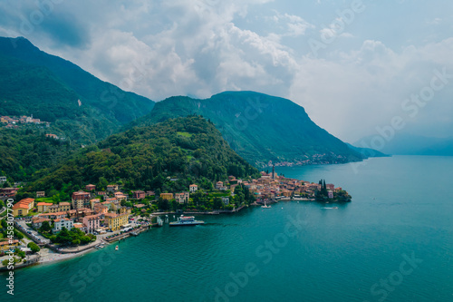 Aerial view of Varenna village. Varenna is a picturesque and traditional village, located on the eastern shore of Lake Como, Italy