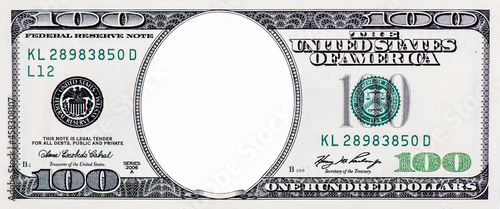 Clear 100 Dollar Banknote pattern, One hundred dollar border with empty middle area, U.S. 100 highly detailed dollar banknote. on a white background.