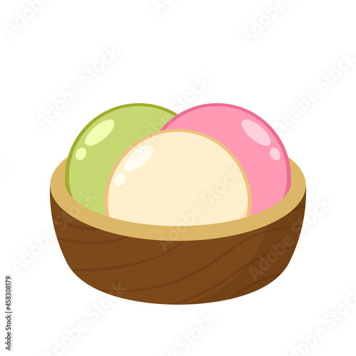 Mochi in wood bowl. Mochi vector. Mochi on white background.