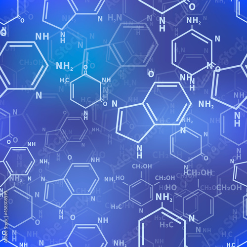 Different chemical nucleobases structures on blue, scientific seamless pattern
