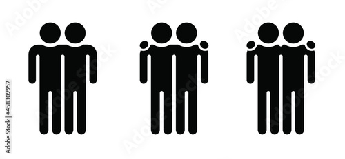 Friendship or best Friend hug symbol. Silhouette stickman icon or pictogram. Flat vector friends stick figure. Two people sign. For ever or 4ever. Friendship day. Man symbol or logo