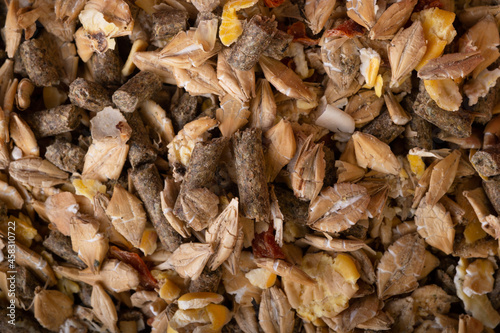 background of basical muesli for horses. feeding and horse care concept. macro. top view