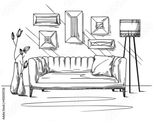 Living room interior sketch. Sofa and other furniture for the recreation area. Vector