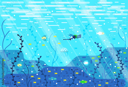 Little scuba diver spearfishing. Seabed, fish and algae. Vector cartoon illustration in flat stile