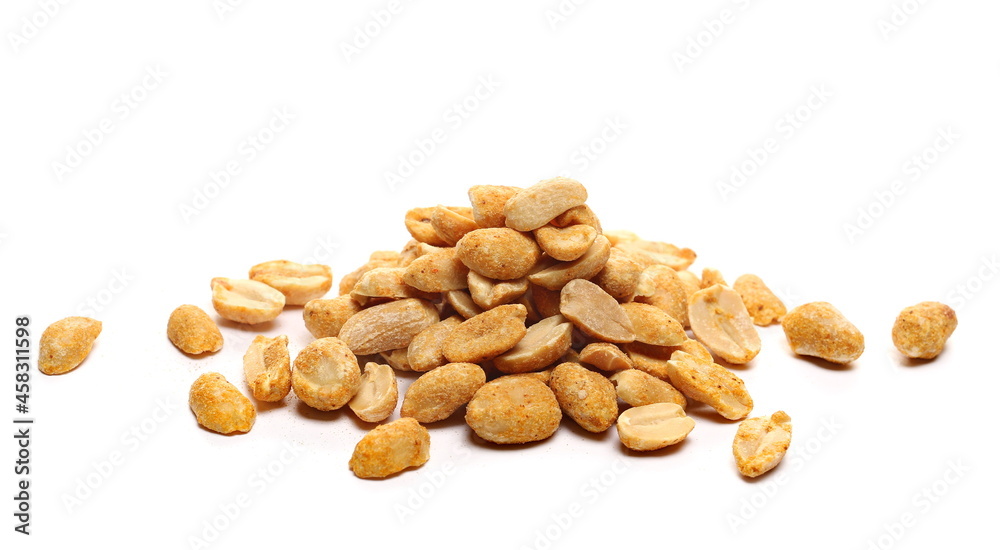 Spicy hot, dry roasted peanuts pile isolated on white background Spicy hot, dry roasted peanuts pile isolated on white background