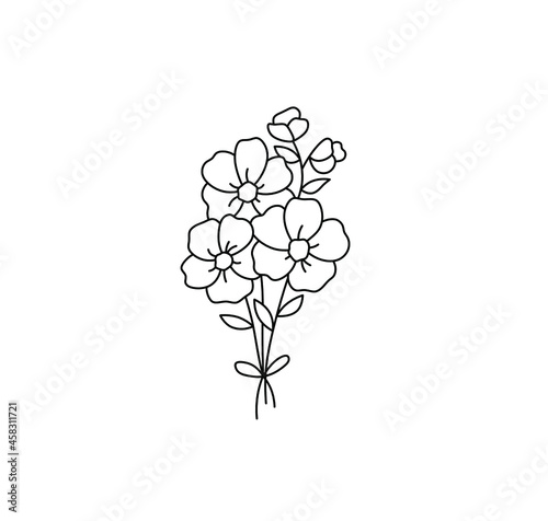 Vector isolated small cute bouquet contour line drawing. Beautiful boutonniere black line graphic drawn icon, logotype, symbol, pattern, print, graphic poster element