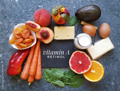 Food rich in vitamin A (retinol). Natural products containing vitamin A. Fruits and vegetables high in provitamin A and beta carotene. Healthy sources of vitamin A and beta carotene, healthy diet food photo