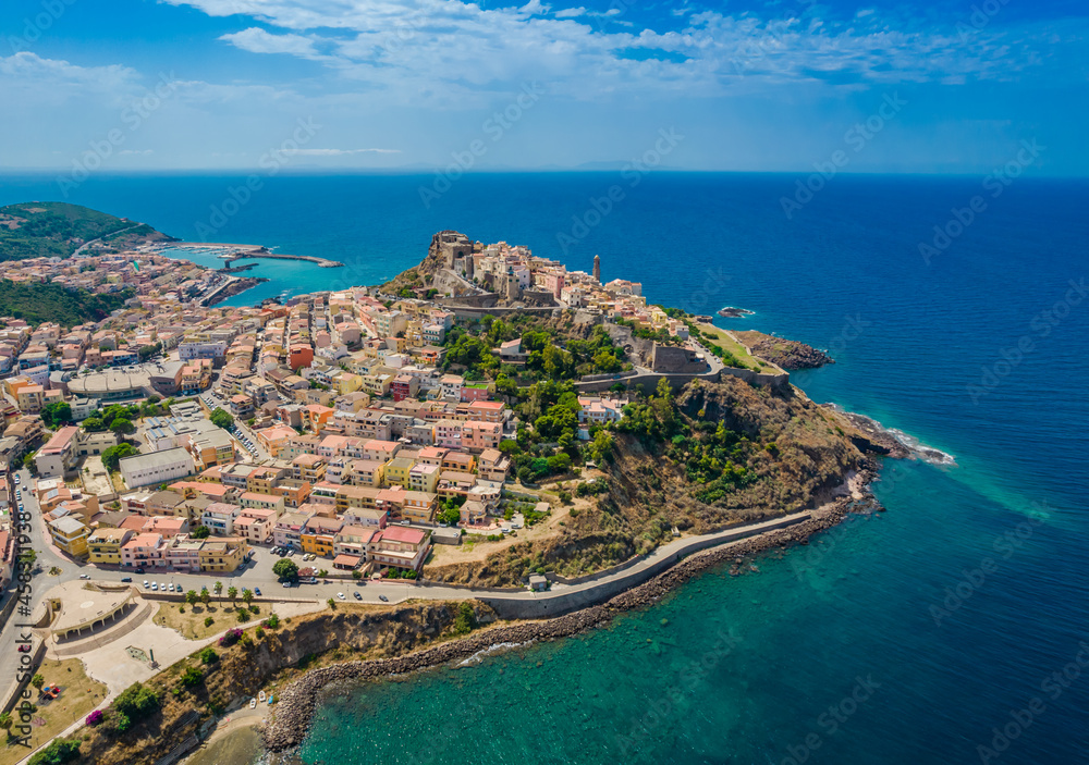 Aerial view of Castelsardo oldtown peninsula. Town and comune in Sardinia, Italy, located in the northwest of the island within the Province of Sassari