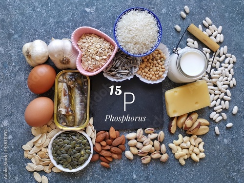 Food rich in phosphorus with the symbol P and atomic number 15. Natural products containing minerals, dietary fibers, vitamins. Phosphorus high food. Healthy sources of phosphorus, healthy diet food.