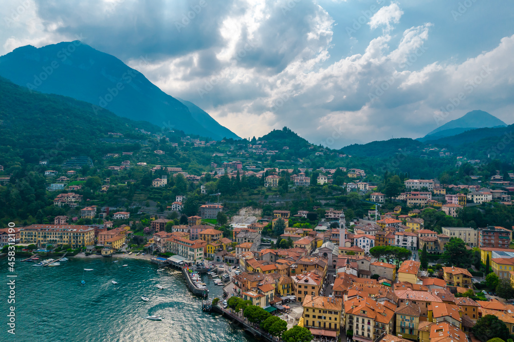 Aerial view of Menaggio village on a cloudy day. Menaggio is a picturesque and traditional village, located on the western shore of Lake Como, Italy