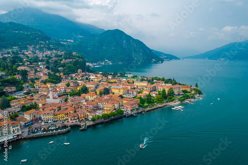 Aerial view of Menaggio village on a cloudy day. Menaggio is a picturesque and traditional village, located on the western shore of Lake Como, Italy