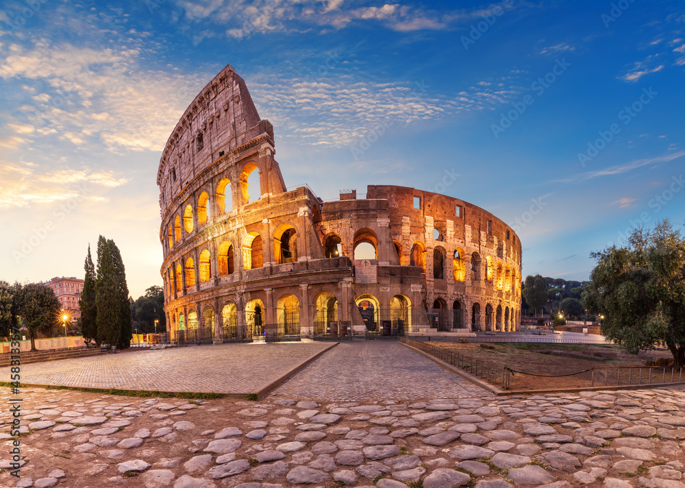 Coliseum at sunrise, summer view without people, Rome, Italy