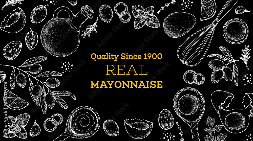Mayonnaise sauce cooking and ingredients frame. Hand drawn sketch ...