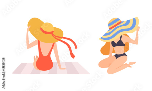 Young Woman in Swimsuit and Wide Brimmed Hat at Sea Shore Sunbathing Vector Set