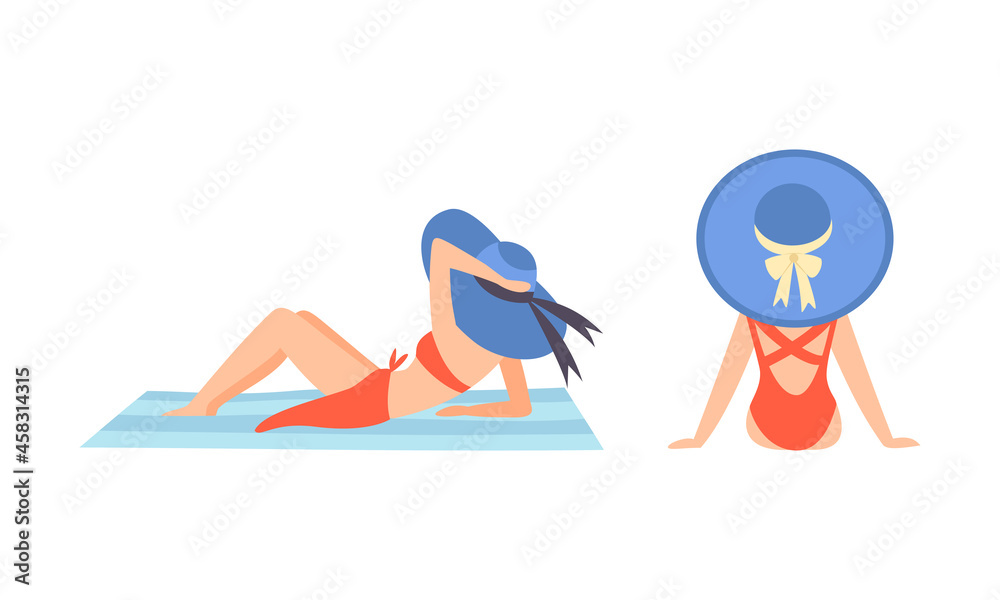 Young Woman in Swimsuit and Wide Brimmed Hat at Sea Shore Sunbathing Vector Set Young Woman in Swimsuit and Wide Brimmed Hat at Sea Shore Sunbathing Vector Set