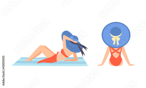 Young Woman in Swimsuit and Wide Brimmed Hat at Sea Shore Sunbathing Vector Set