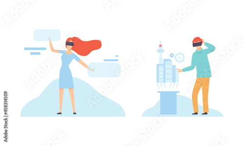 Man and Woman Character with Augmented Reality Glasses Using Wireless Digital Technology Vector Set © topvectors