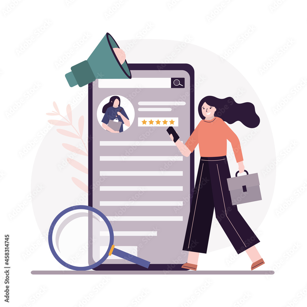Employeе posts resume to find job. Searching work through website. Posting summary in mobile application. Recruitment staff and cv resume concept Employeе posts resume to find job. Searching work through website. Posting summary in mobile application. Recruitment staff and cv resume concept